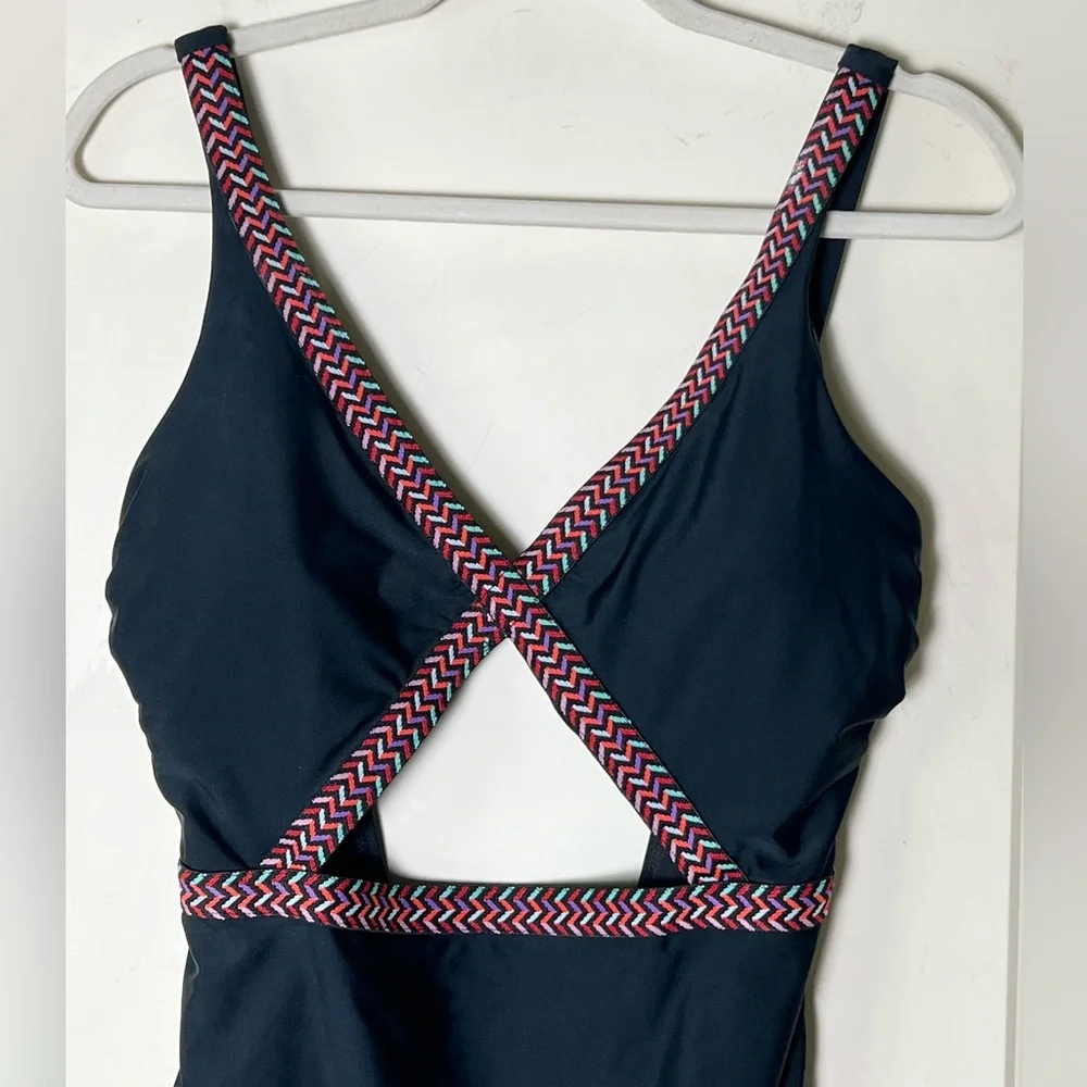 Xhilaration Black Cut Out One Piece Swimsuit Boho Embroidered Monokini L